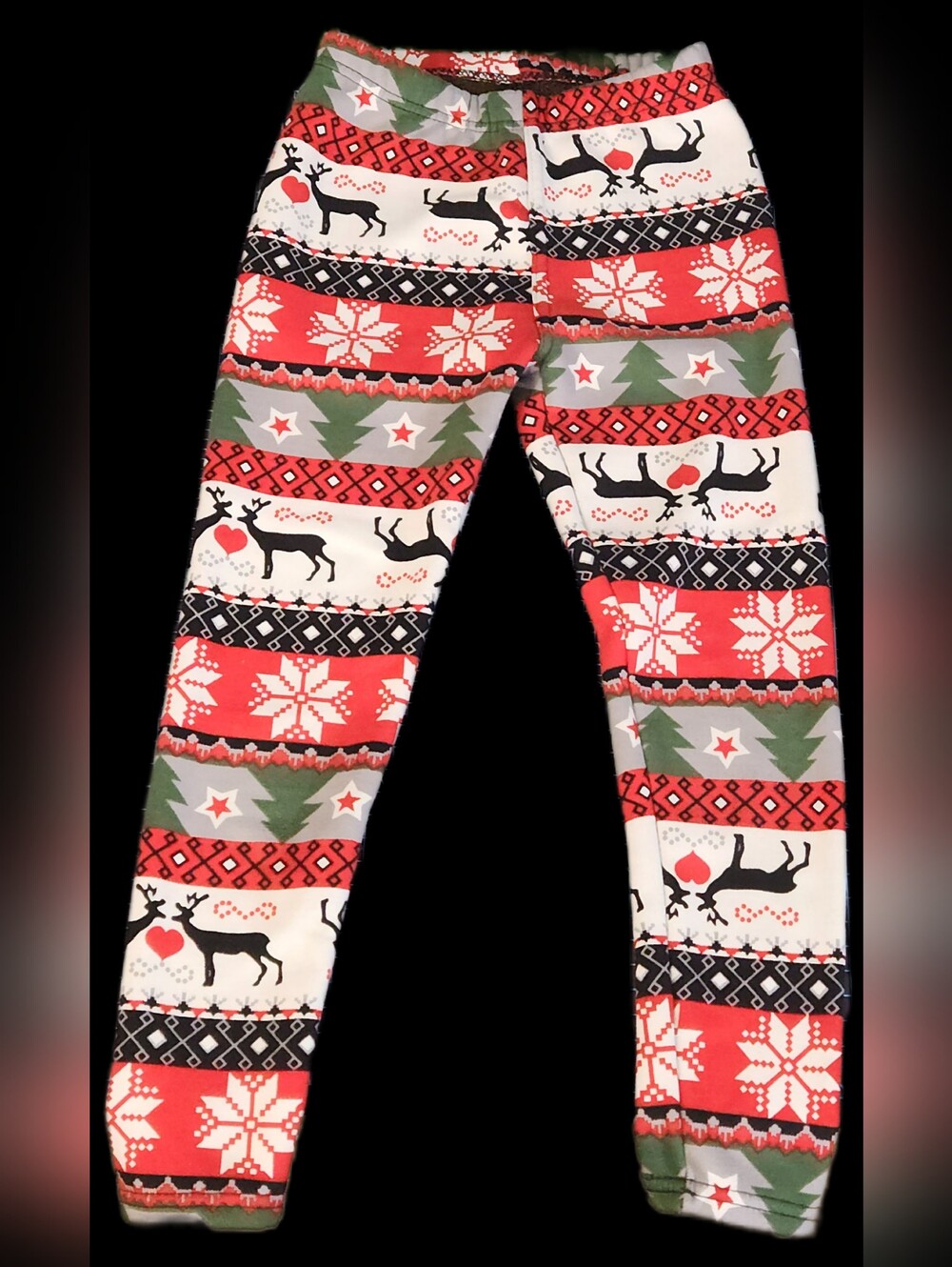 #KC139 Girls Holiday Reindeer Print Leggings - Red, Green & White
